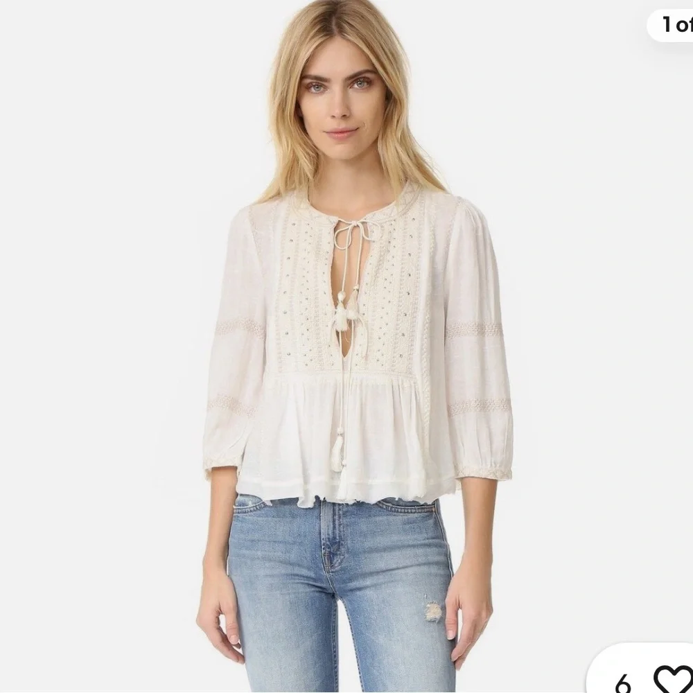 Free People Wildlife Embroidered 3/4 Sleeve Top